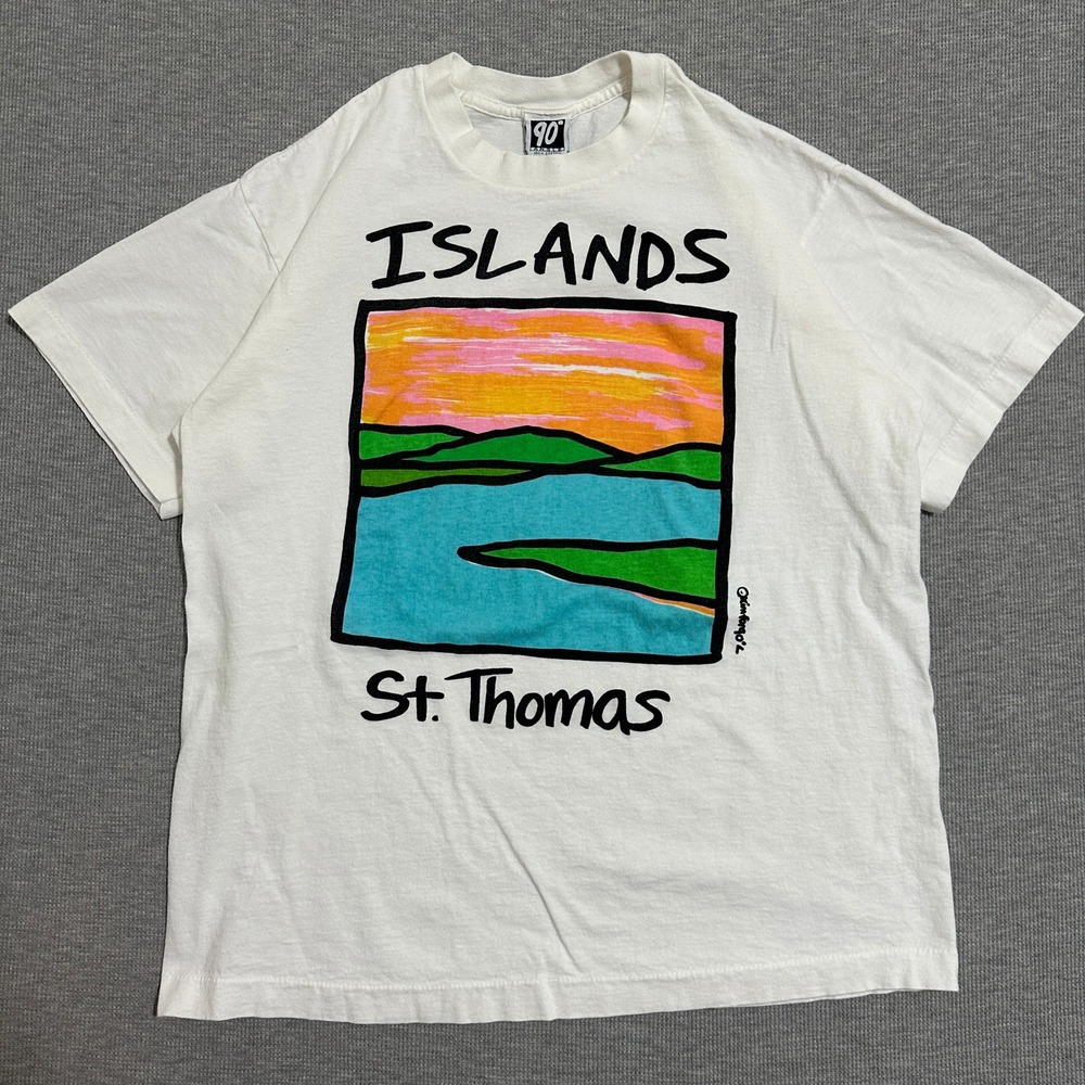 Vintage 90s St Thomas Islands Sunset Graphic Single Stitch Tee White Mens Large